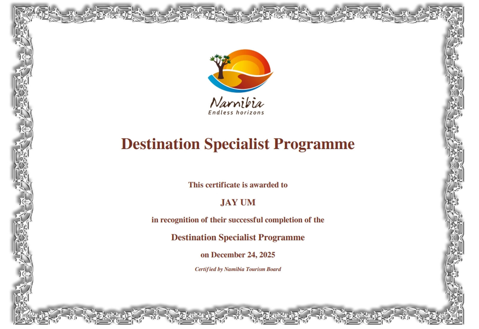 나미비아 관광청 Destination Specialist Programme 수료증