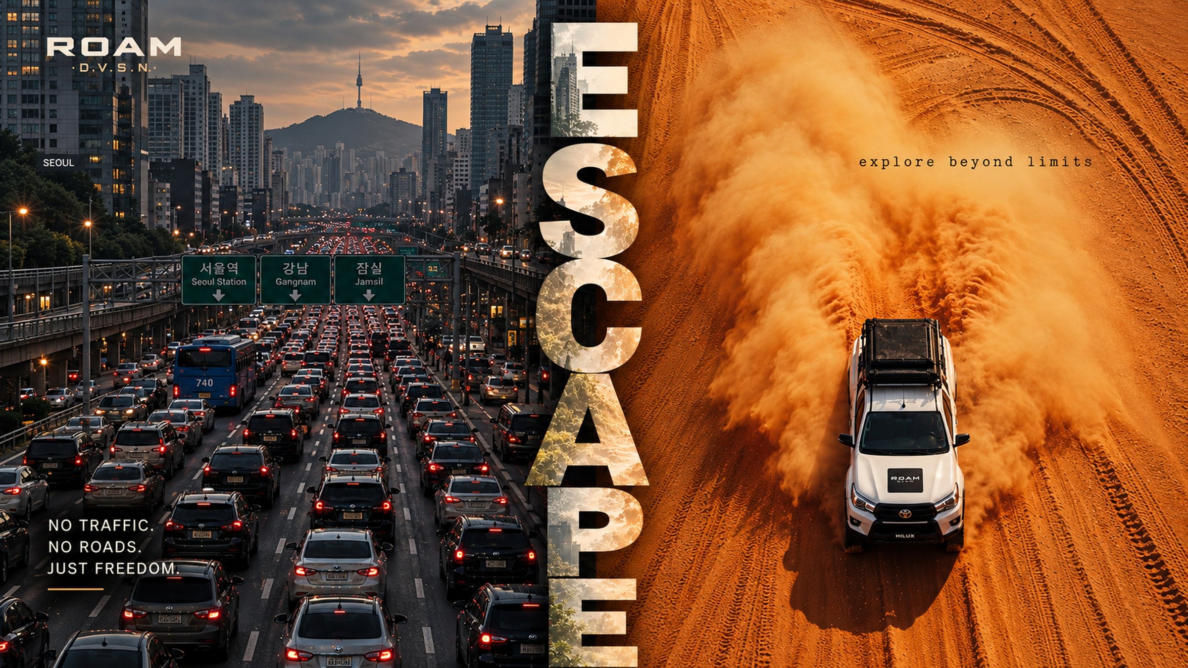 서울의 꽉 막힌 도로와 사막을 달리는 ROAM 힐럭스 — ESCAPE